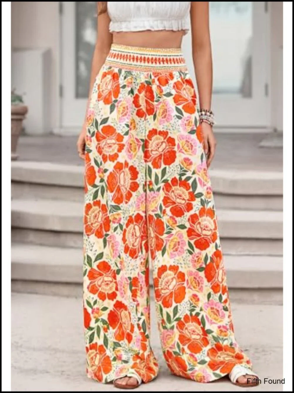 Wide Leg Pants Smocked Waist Floral Resort Beach Casual Trousers